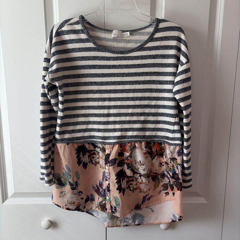 Anthropologie Postmark Fairley Grey Striped Floral Tunic Cottagecore Boho Sz Med